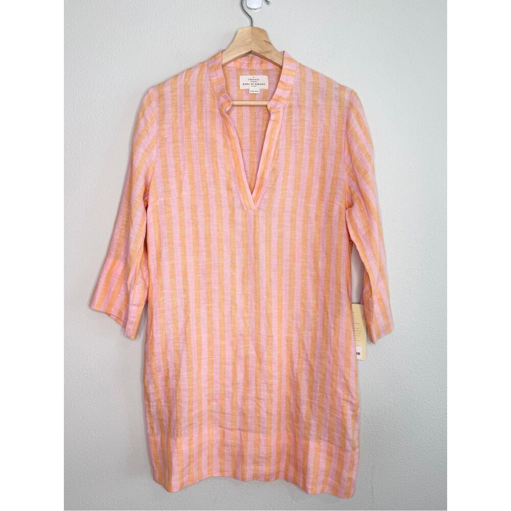 TROVATA BIRDS OF PARADISE Lucca Pink & Peach Linen Striped Shift Dress Size XS - Picture 2 of 6